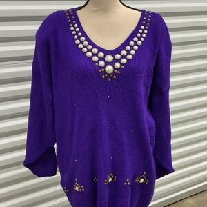 Vintage Purple Embellished Sweater | Pearl Stud Neckline | Size XL (Estimated)